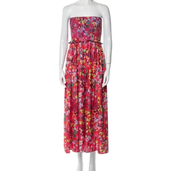 Loretta Caponi Luisa Smocked Strapless Floral Red Tropical Midi Dress Tuckernuck